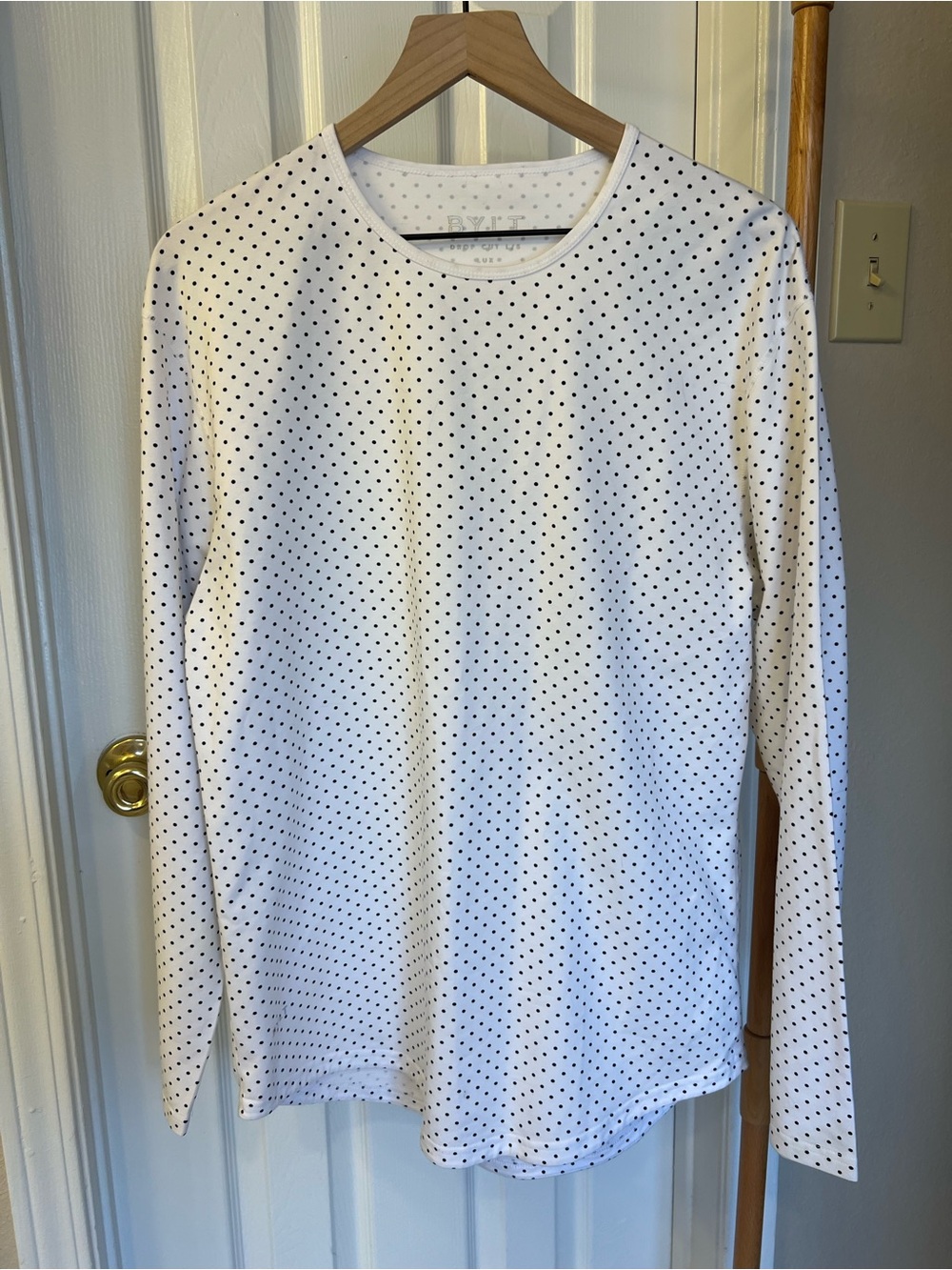 BYLT Basics Men’s White Long Sleeve Tee with Black Dot Print